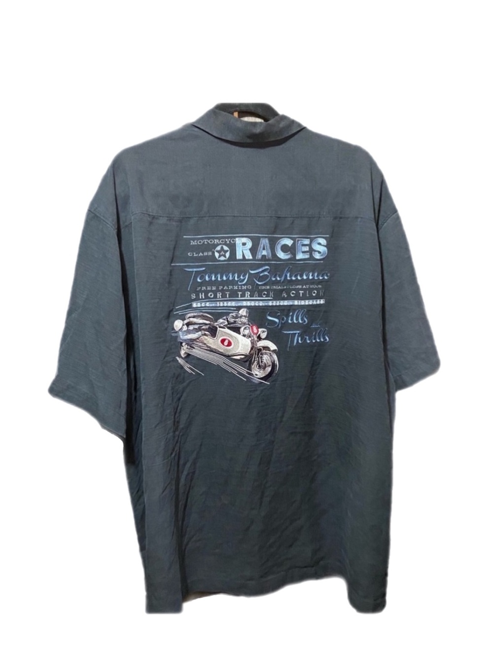 Tommy Bahama Moto Shirt Motorcycle Races Spills and Thrills Black 100% Silk XL